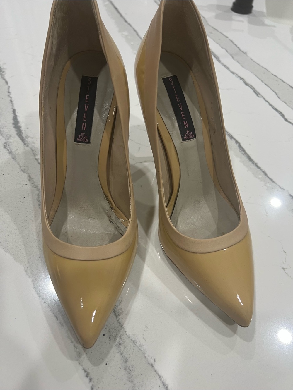 Steven by Steve Madden Beige Patent Pointed-Toe Pumps